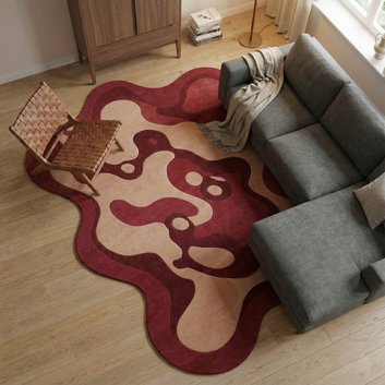 Modern Abstract Irregular Shape Area Rug – Wine Red & Beige Contemporary Designer Carpet for Living Room & Bedroom