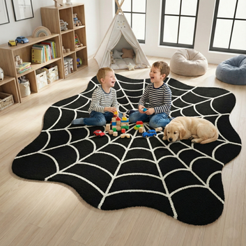 Noir Webloom™ Black Spider Web Shaped Rug – Modern Gothic Statement Carpet for Living Room, Bedroom & Studio Décor