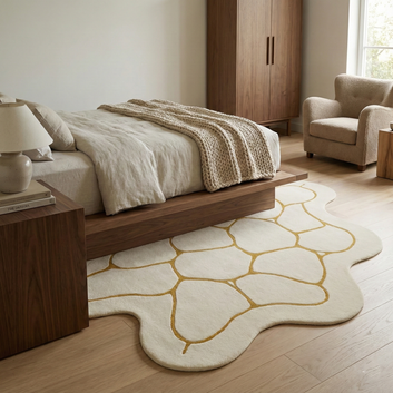 Modern Organic Irregular Shape Area Rug – Ivory & Mustard Abstract Designer Carpet for Minimalist Living Room