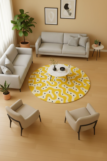 SOLARA Ripple Dot Handtufted Round Rug – Modern Yellow Abstract Designer Rug for Living Room & Lounge